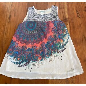 Desigual Babydoll Tank Top Y2k‎ Small Abstract Flowey Sheer Lined Boho Festival